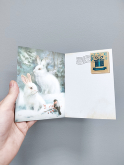 Открытка новогодняя "Белые зайцы"