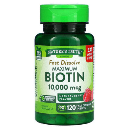 Биотин Nature's Truth, Maximum Biotin, Натуральные ягоды, 10000 мкг, 120 быстро растворяющихся таблеток