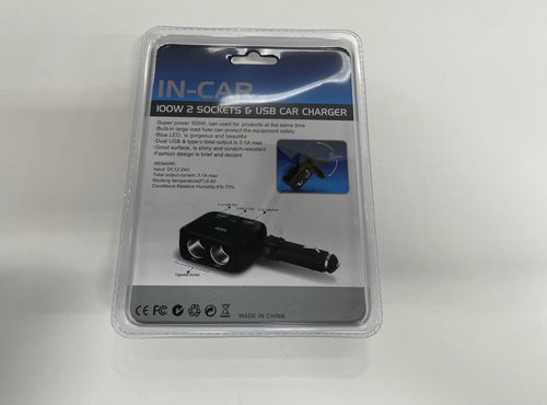 1655 IN CAR / Разветвитель в машину на 2 гнезда прикуривателя c USB Type-C 1655