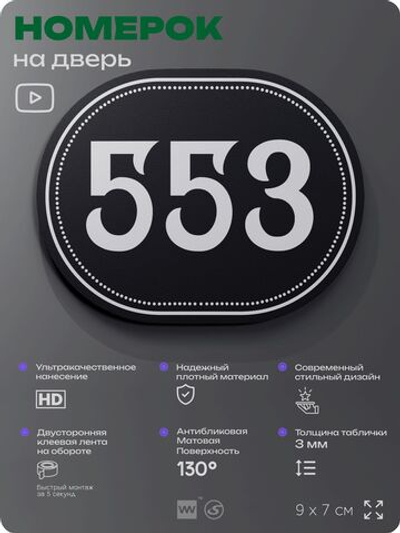 Номерок на дверь квартиры 553, для кабинета, офиса, шильдик 9 х 7 см, черный, Айдентика Технолоджи