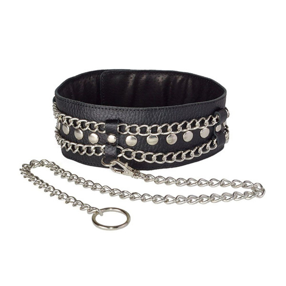 Чёрный кожаный ошейник с цепочками и поводком Sitabella BDSM Accessories 3101-1