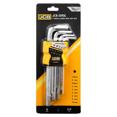 Ключи Г-образные 6-гранные длинные, набор 9пр. (1.5, 2, 2.5, 3-6, 8, 10мм) JCB JCB-5093L