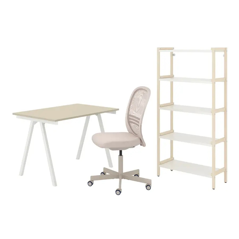 Комбинация: письменный стол, стеллаж и стул - IKEA TROTTEN/FLINTAN/EKENABBEN 120х70 см, 69.5х34.5х154 см, бежевый/белый/под беленый дуб, ТРОТТЕН/ФЛИНТАН/ЭКЕНАББЕН ИКЕА