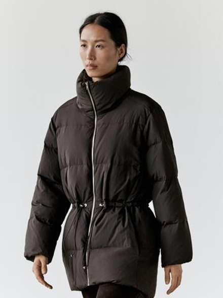 Massimo Dutti Пуховик с эластичным поясом и водоотталкивающей пропиткой, кротово-коричневый