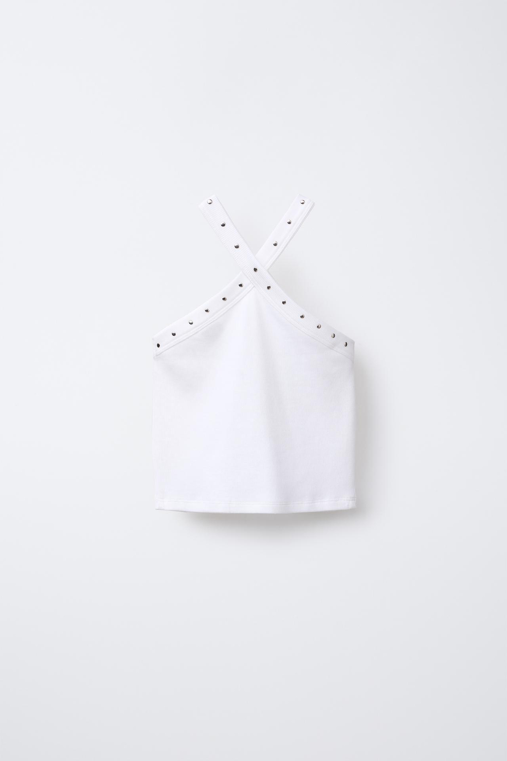 ZARA ТОП В РУБЧИК С ГОРЛОВИНОЙ ХАЛТЕР И ЗАКЛЕПКАМИ, БЕЛЫЙ