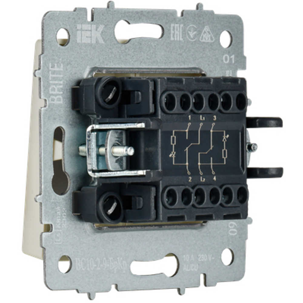 BRITE Выключатель 2-клавишный с индикацией для отелей 10А ВС10-2-9-БрКр бежевый IEK