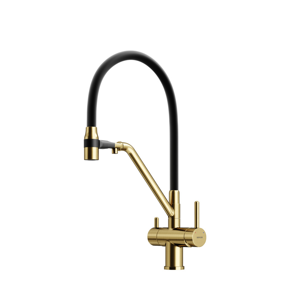 Смеситель для кухни Sancos Dora с гибким изливом, цвет брашированное золото/черный, PVD покрытие, арт. SC4003BG