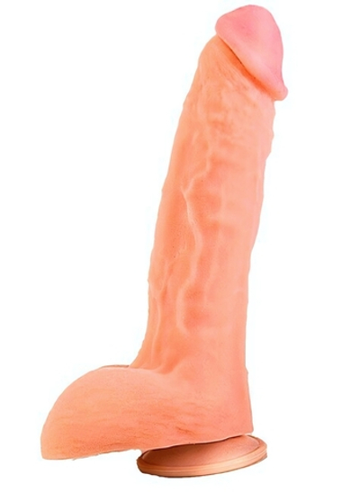 Реалистичный фаллос с мошонкой на присоске ( 23,5 см) (Цвет: телесный)
