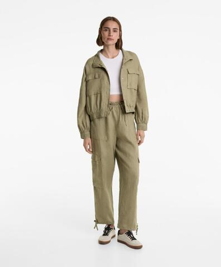 Oysho Брюки карго из 100%-го льна, линялый хаки