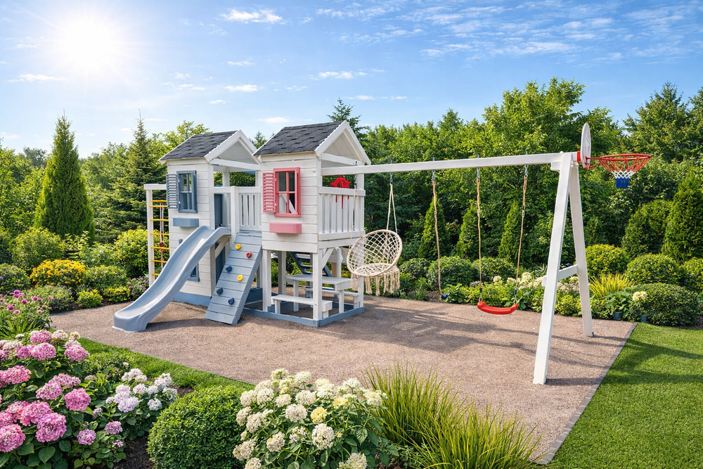 Детский деревянный домик с качелями Флоренция + спортивная секция