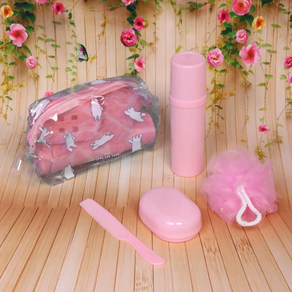 Набор банный дорожный 4шт «Traveler - Teddy bear», (мочалка, футляр 2шт, расческа), розовый, 20*12*5,5см