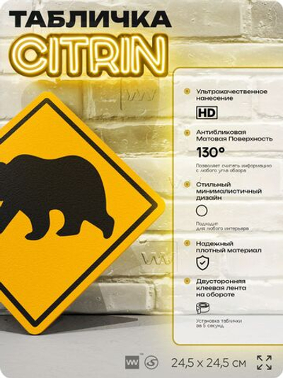 Табличка прикольная "Осторожно, медведь" на дверь и стену, информационная и предупреждающая, декоративный знак, 24,5х24,5 см, пластиковая, Айдентика Технолоджи