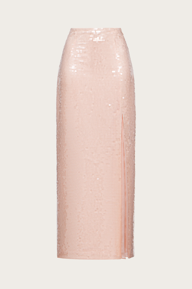 ЮБКА-МАКСИ ИЗ РОЗОВОГО ШИФОНА, РАСШИТАЯ ПАЙЕТКАМИ ВРУЧНУЮ