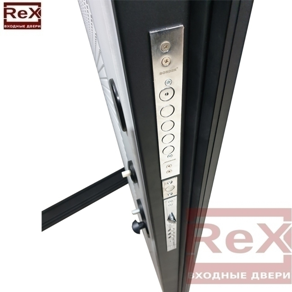 Входная металлическая дверь с зеркалом RеX (РЕКС) 25 кварц черный, фурнитура на квадратной розетке, цвет й хром/ ФЛ-1 Силк сноу