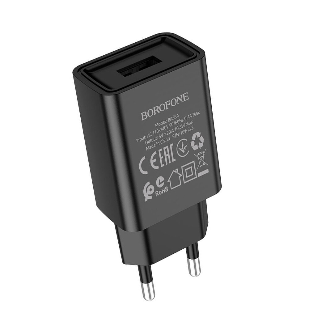 Сетевое зарядное устройство  1USB Borofone BA68A, Glacier, с кабелем микро USB, 5V/2.1A черное