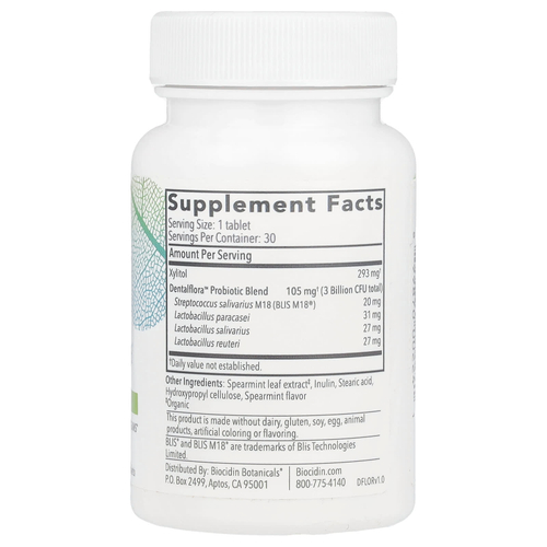 Biocidin Botanicals, Dentalflora™, ежедневные пробиотики для полости рта, 30 мятных таблеток
