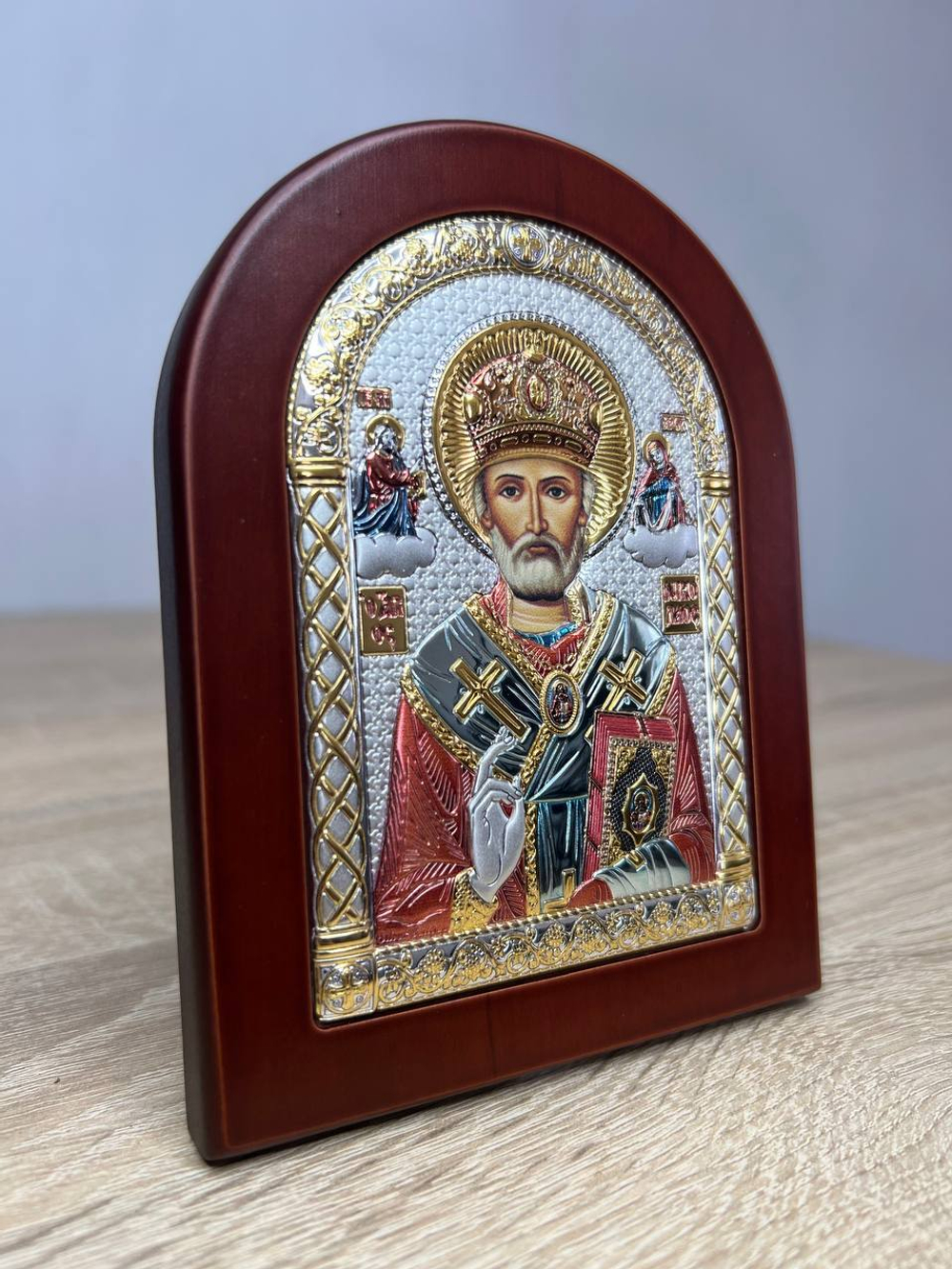 Николай Чудотворец, икона арочная, красное дерево, эмаль 150х200