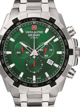 С браслетом Мужские наручные часы с серебряным браслетом Swiss Alpine Military 7043.9134 Saphirglas Chrono 47mm 10ATM