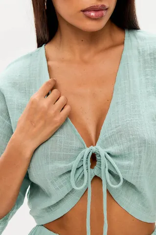 Блуза с завязками из хлопка stone wash мятного цвета