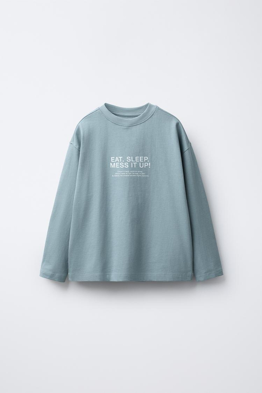 ZARA ФУТБОЛКА С ТЕКСТОВЫМ ПРИНТОМ, ГОЛУБОЙ