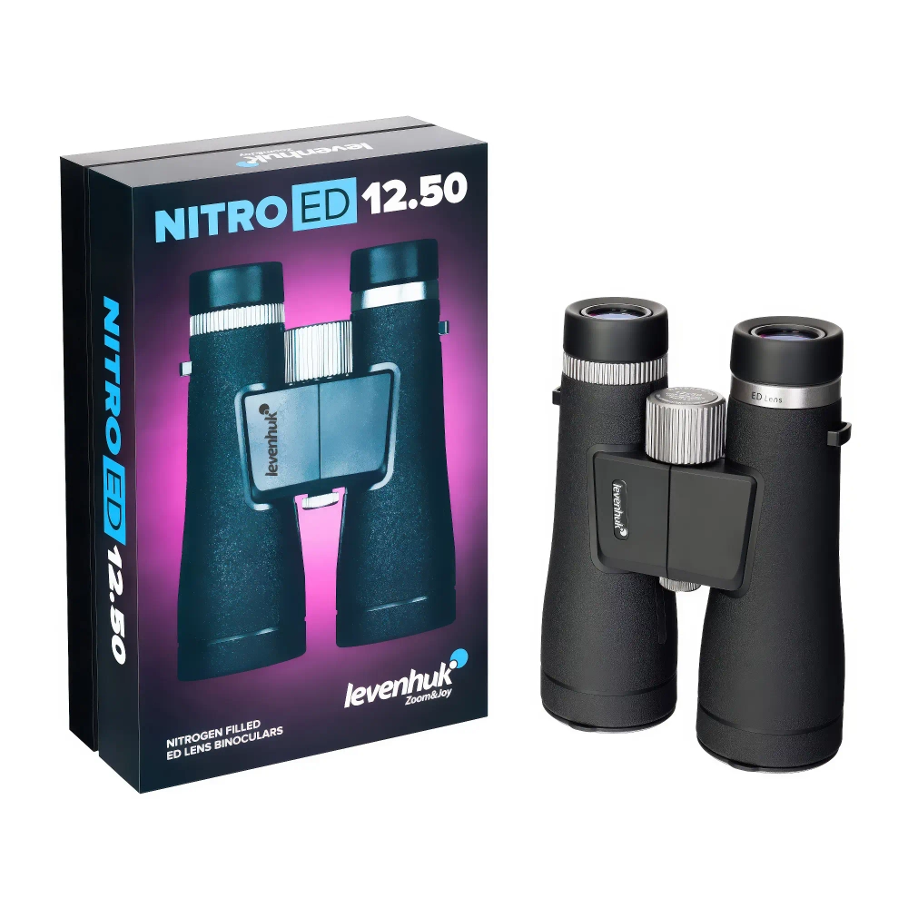 Бинокль Levenhuk Nitro ED 12x50 и коробка, вертикальный вид