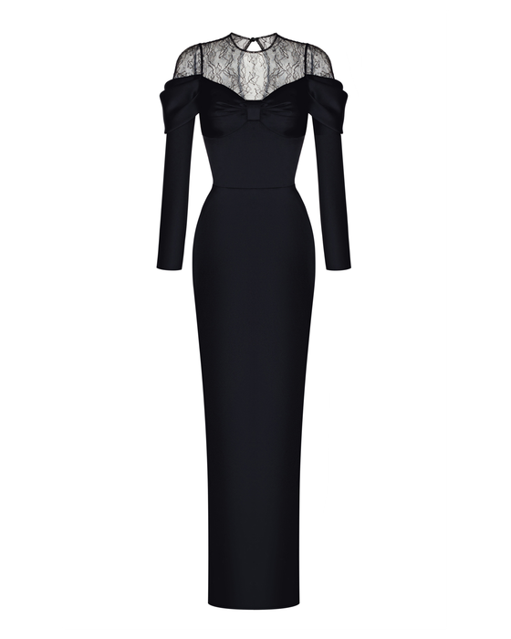 Платье макси из сатина и кружева с драпированными рукавами