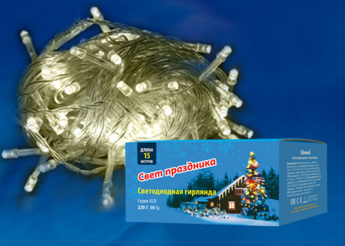 ULD-S1500-100/DTA WARM WHITE IP20 Гирлянда светодиодная с контроллером, 15м. 100 светодиодов. Теплый белый свет. Провод прозрачный. ТМ Uniel