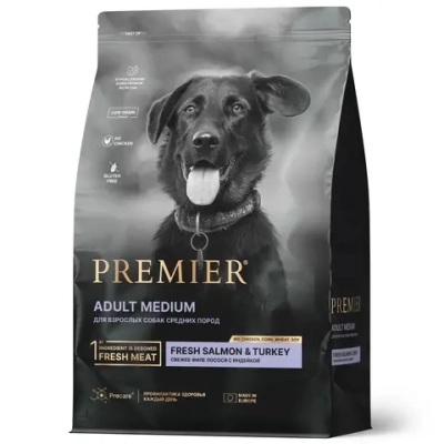 Сухой корм Premier Dog Salmon&Turkey Adult Medium для собак средних пород из свежего филе лосося с индейкой