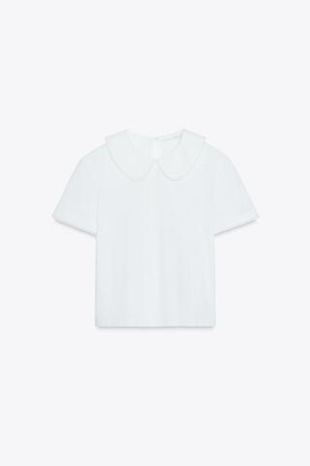 ZARA ФУТБОЛКА С КРУГЛЫМ ВОРОТНИКОМ, БЕЛЫЙ