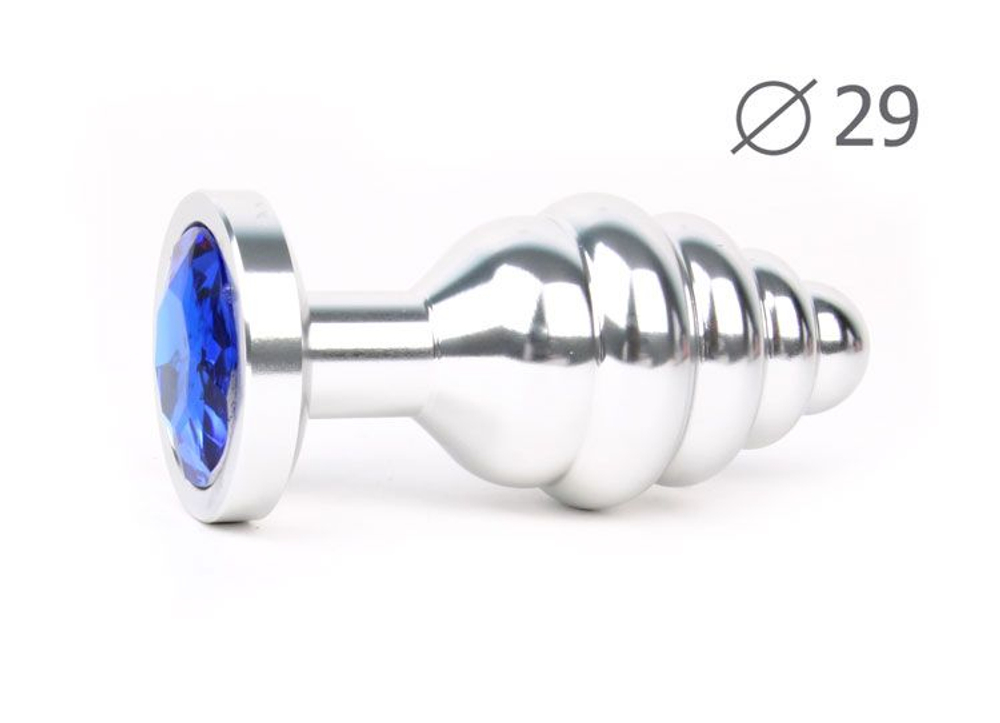 Коническая ребристая серебристая анальная втулка с синим кристаллом - 7,1 см. (Цвет: синий)