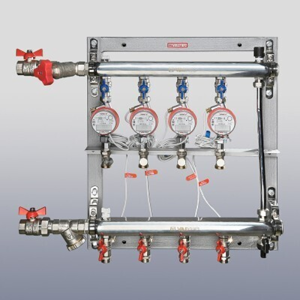 Узел этажный для поквартирного учета тепловой энергии с перепускным клапаном 1", 4 вых., ввод слева