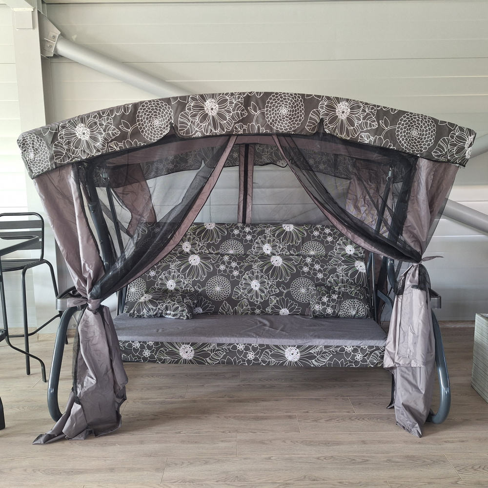Качели садовые Garden Story 3-х местные Флора Де Люкс(каркас графит, м/э черный рис.белые цветы)2 уп.