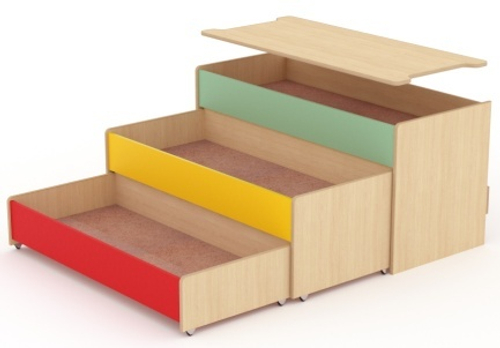 Кровать 3-х ярусная выкатная с крышкой, 1484*656*720, корпус древесный, фасады цветные, фанера 8 мм