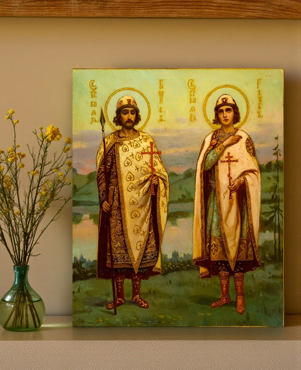 Борис и Глеб святые благоверные князья. Деревянная икона на левкасе