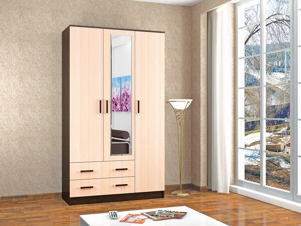 Шкаф с зеркалом Лагуна 120 см, венге/дуб молочный