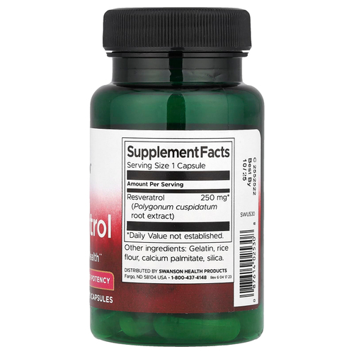 Swanson Vitamins, Ресвератрол, высокая эффективность, 250 мг, 30 капсул