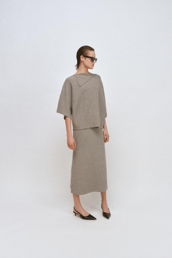 ZARA ТРИКОТАЖНАЯ ЮБКА МИДИ, ПЕСОЧНЫЙ МЕЛАНЖ