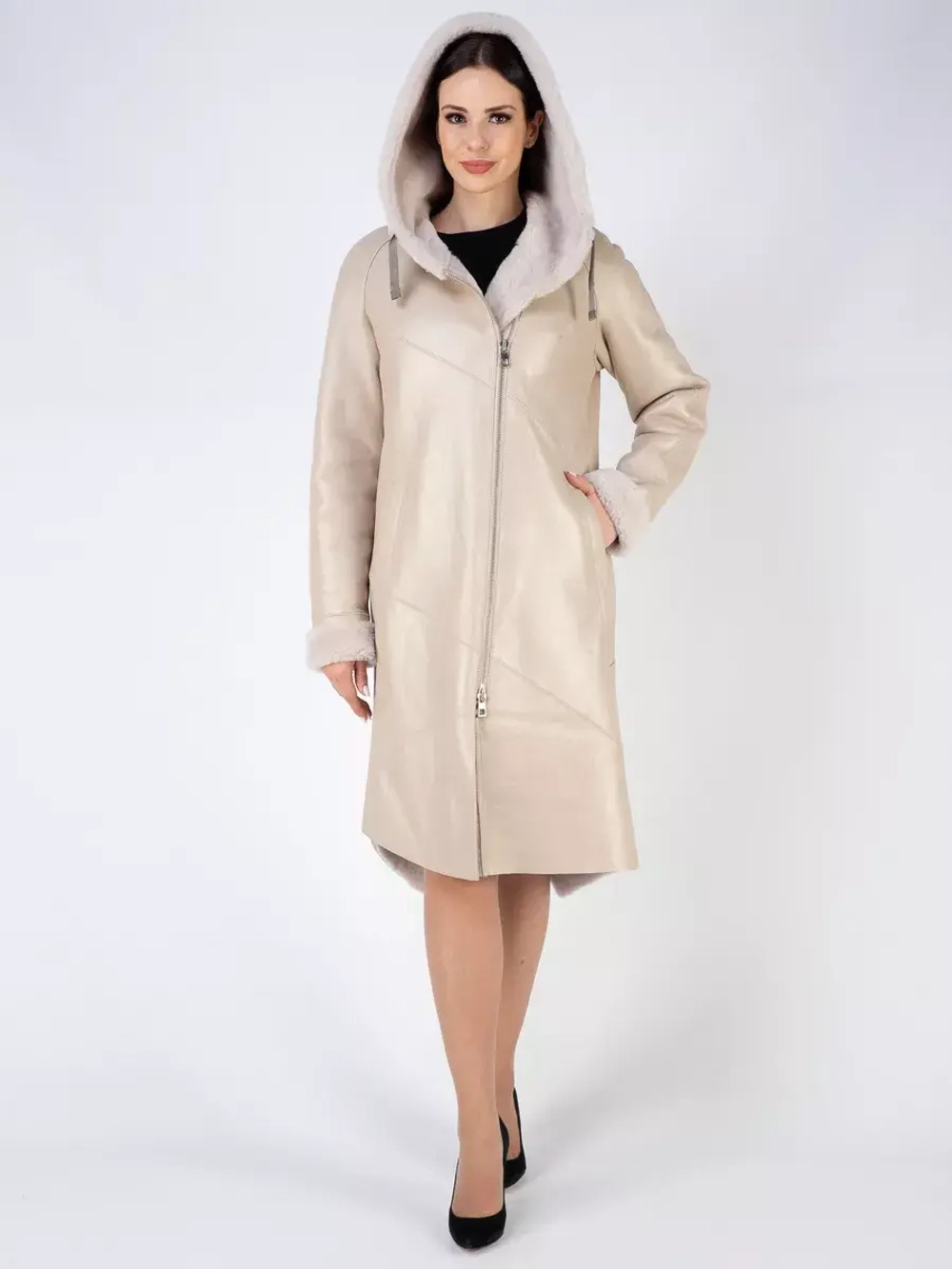 Дубленка зима натуральная удлиненная с капюшоном