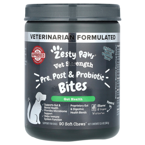 Zesty Paws, Vet Strength, после укусов с пробиотиками, для собак всех возрастов, со вкусом курицы и овощей, 90 мягких жевательных таблеток, 360 г (12,6 унции)