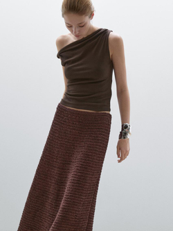 Massimo Dutti Топ из хлопка с драпировкой и узлом, коричневый