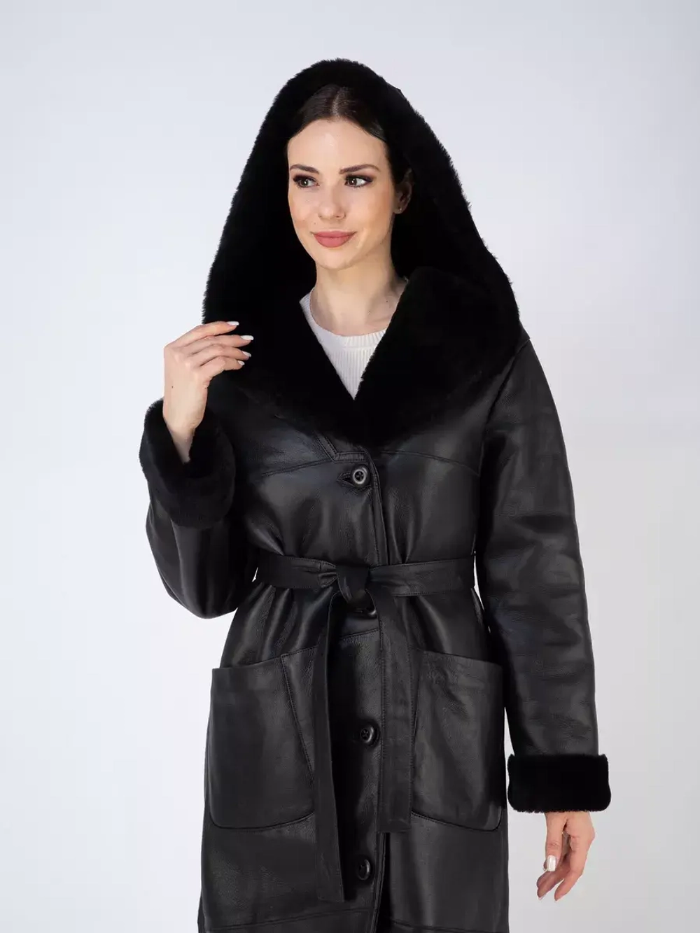 Дубленка зима натуральная с капюшоном длинная