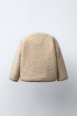 ZARA КУРТКА ИЗ ИСКУССТВЕННОЙ ОВЧИНЫ С ЦВЕТОЧНОЙ ОКАНТОВКОЙ, ЭКРЮ