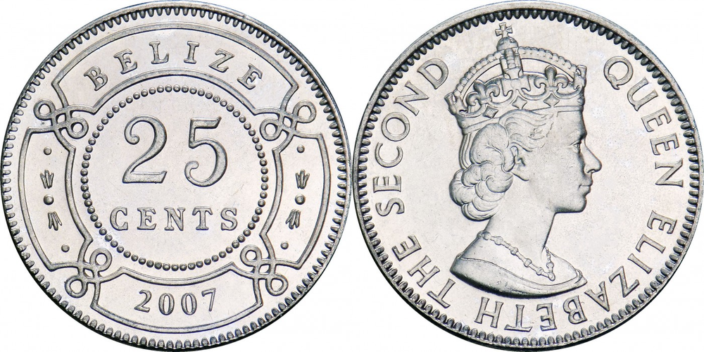 Белиз 25 центов, 1974 - 2022 Королева Елизавета II XF