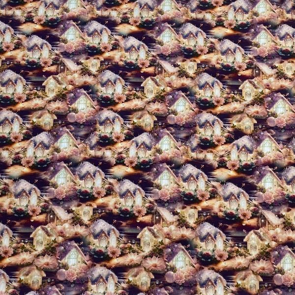 МАЛЕНЬКИЕ ДОМИКИ НА ФИОЛЕТОВОМ, ФЭНТЕЗИ,  100% хлопок Handmade Fabrics 4