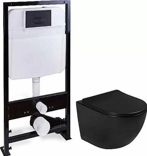 Унитаз подвесной SantiLine SL-5018MB+SL-03 безободковый, с инсталляцией, с крышкой микролифт, черный матовый/кнопка черная матовая