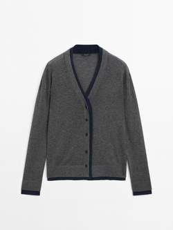 Massimo Dutti Кардиган из смесовой шерсти с двойной окантовкой, темно-синий