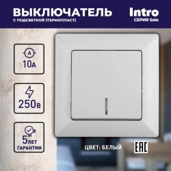 Выключатель Intro Solo 4-102-01 одноклавишный с подсветкой, 10А-250В, IP20, СУ, белый