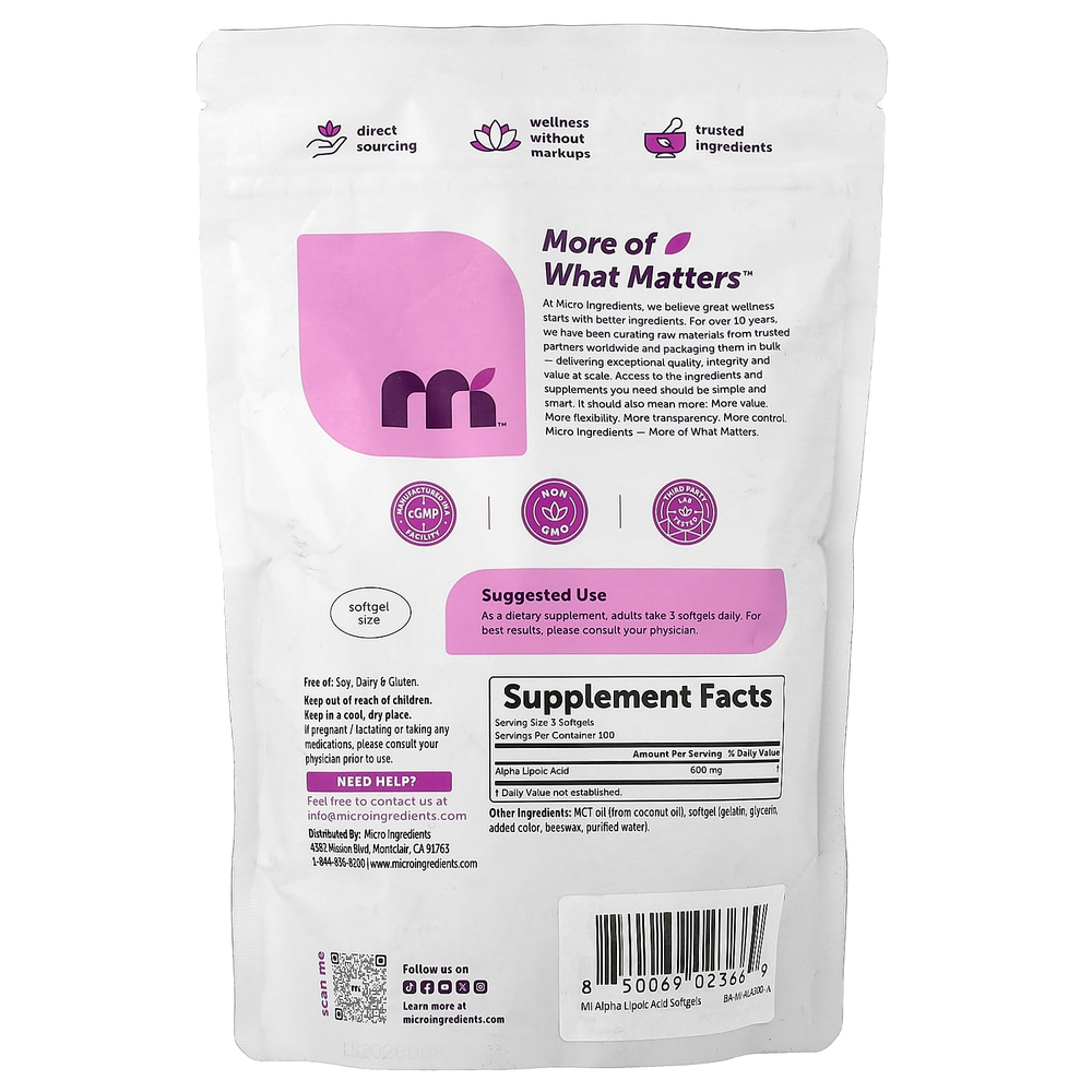 Micro Ingredients, альфа-липоевая кислота, 300 капсул (200 мг в 1 капсуле)