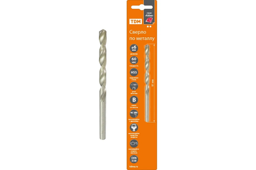Сверло по металлу, 6 мм, полир., HSS, класс точн. В, 118⁰, цилиндр.хв,блистер 1 шт,"Рубин" TDM