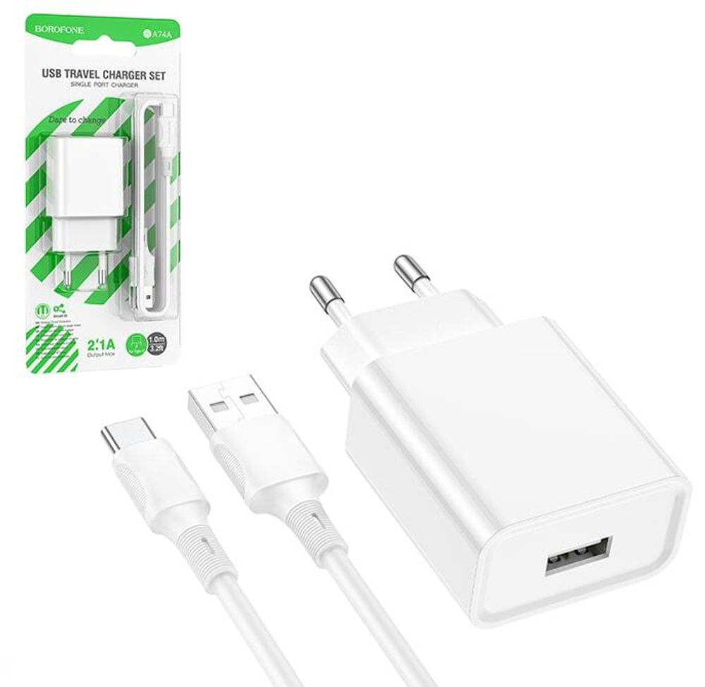 Сетевой адаптер питания BOROFONE BA74A 1USB 2.1A + кабель Type-C (белый)